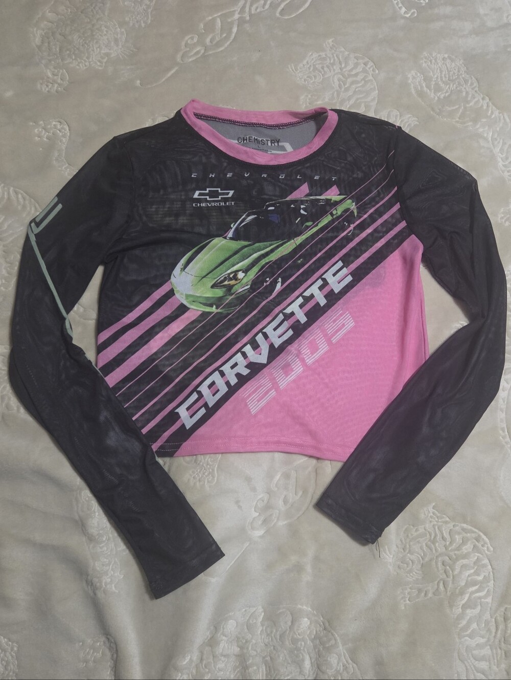 Chemistry Pink & Black Corvette Graphic Long Sleeve Crop Top